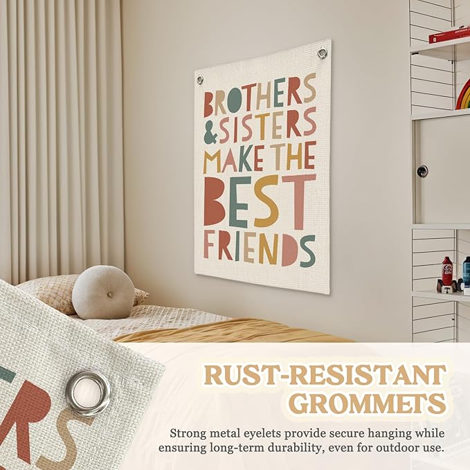 Kids Room Decor Linen Canvas Banner,Brothers & Sisters Make the Best Friends Wall Hanging Pennant Flag for Nursery,Bedroom,Playroom,Game Room Front Door,18x25 Inch