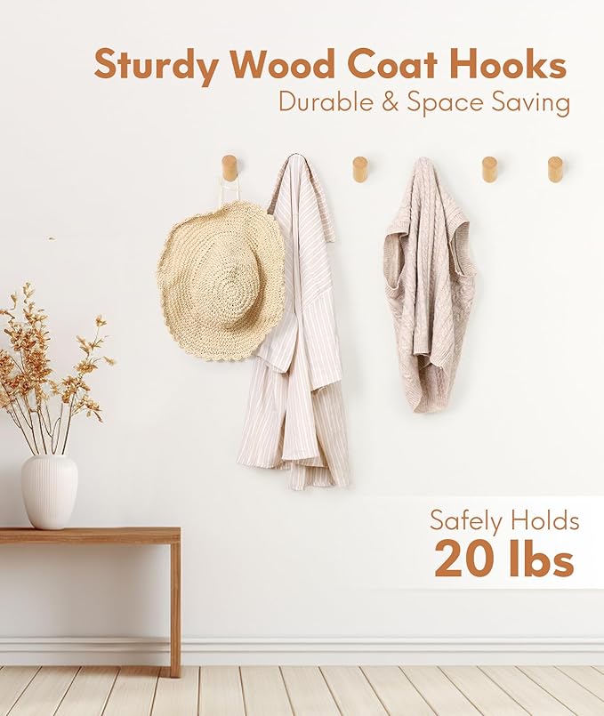 Wood Wall Hooks for Hanging, 6 Pack Hat Hook for Walls, Coat Hook Wall Mount, Backpack Hooks for Walls, Bathroom Towel Hanger (Natural)