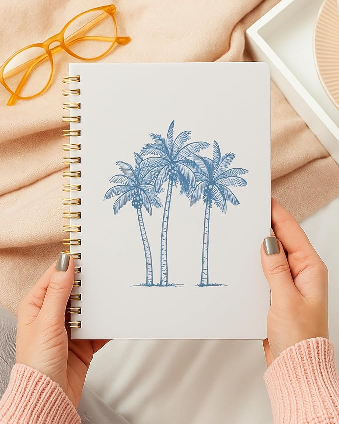 Tropical Palm Tree Notebook, Coastal Beach Journal, Blue Beachy Journal for Writing, Beach Lover Gifts for Women Men, Ocean Aesthetic Spiral Notebook, 5.5x8.3 Inch 554