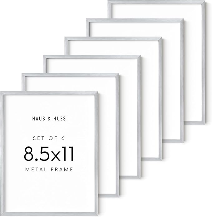 HAUS AND HUES 8.5x11 Silver Metal Picture Frames - Premium Aluminum with Vertical & Horizontal Hanging, Shatterproof Plexiglass - Perfect for Home or Office (8.5x11 in, Silver, Set of 6)