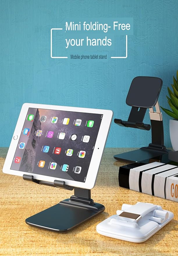 Mizi Portable Cell Phone Stand for Desk - Height & Angle Adjustable Mobile Foldable Holder, Compatible with iPhone 17 16 15 14 13 12 11 Pro Max, Galaxy S25 S24, All 4–10" Devices - Black
