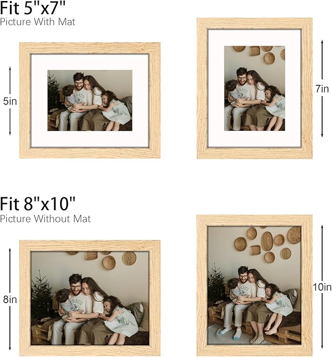 8x10 Picture Frame Set of 9, Display Pictures 5x7 with Mat or 8 x 10 Without Mat, Multi Photo Frames for Wall Mounting or Table Top Display, Natural Oak