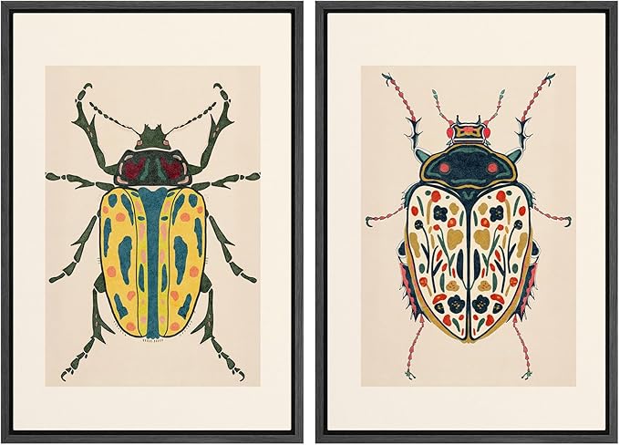 SIGNWIN Framed Canvas Print Wall Art Set Colorful Beetle Vintage Insect Illustrations Modern Art Minimal Boho Colorful for Living Room, Bedroom, Office - 16"x24"x2 BLACK