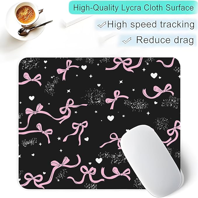 Seorsok Square Aesthetic Ribbon Bows&Shining Stars and Love Mouse Mat,Premium Textured Mouse Pads for Office Laptop,Washable Square Mousepads with Extended Stitched Edges Non Slip Rubber Base,Black