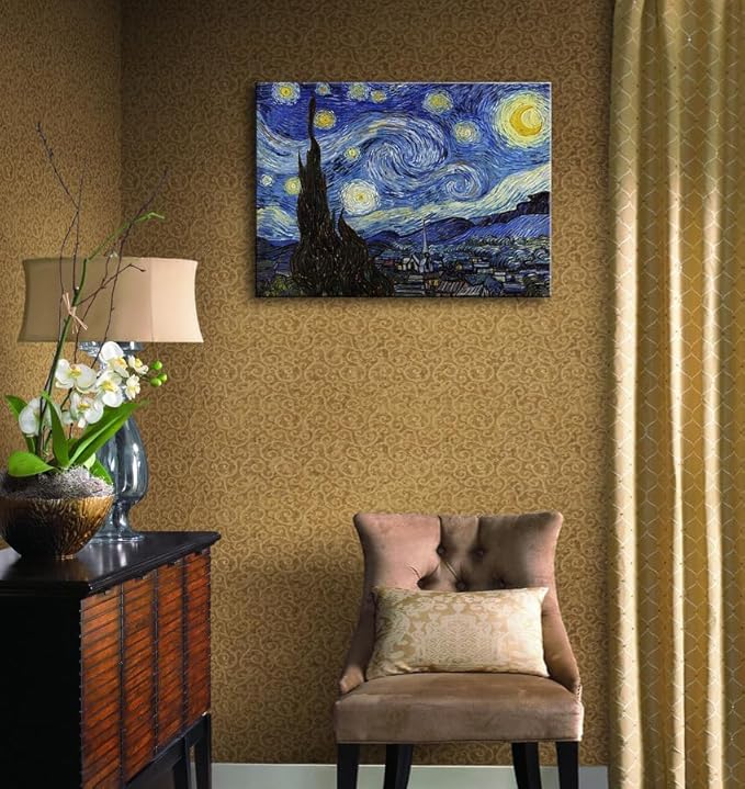 Van Gogh Canvas Wall Art - Starry Night Landscape Painting Picture Reproduction Room Decor - Famous Art Prints Modern Artwork Framed Poster Bedroom Home Decoration 12" x 15"