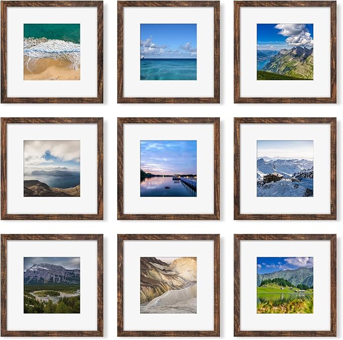12x12 Picture Frame Set of 9, Photo Gallery Wall Frame Set, Display Pictures 8x8 with Mat or 12 x 12 Without Mat, Square Frame Picture Frames Collage Wall Decor, Rustic Brown
