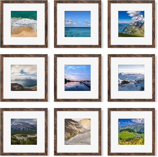 12x12 Picture Frame Set of 9, Photo Gallery Wall Frame Set, Display Pictures 8x8 with Mat or 12 x 12 Without Mat, Square Frame Picture Frames Collage Wall Decor, Rustic Brown