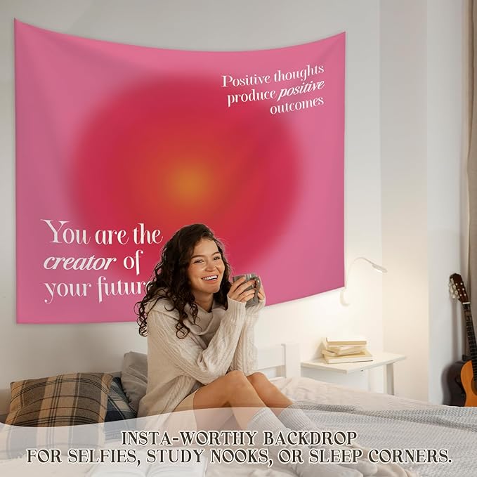 STHTTSW Pink Aura Tapestry Aesthetic, Positive Affirmations Cute Tapestries Wall Blanket, Motivational Wall Hanging Decor for Dorm School Counselor Therapy Office 50x60 Inch