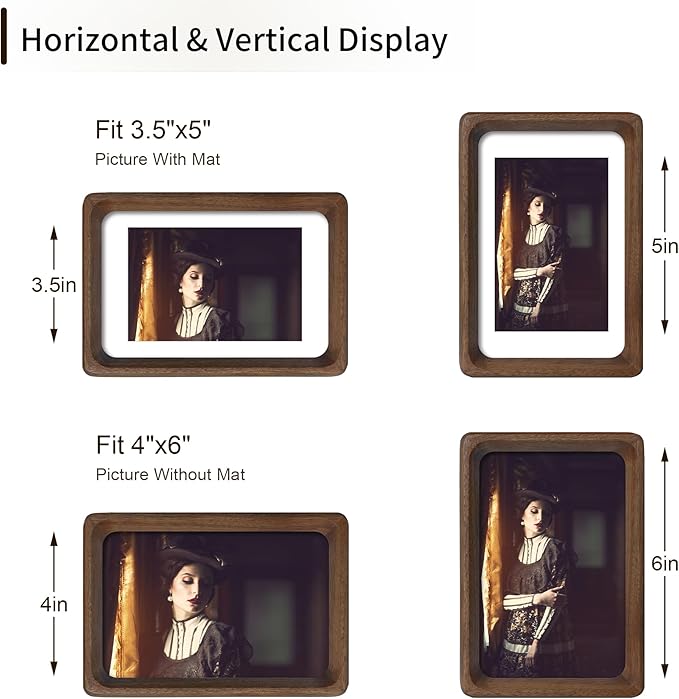 4x6 Picture Frame Natural Walnut Wood with Mat for 3.5x5, Original Natural Solid Wood 4 by 6 Photo Frames with Tempered Glass Cover for Wall and Tabletop Display