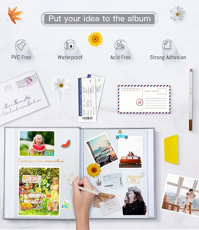 Popotop Photo Album Self Adhesive with Picture Display Window,40 Pages DIY Baby Memory Book for 4x6 8x10 Picture,Linen Cover Scrapbooking Supplies Kit for Wedding,with Scraper and Metallic Pen