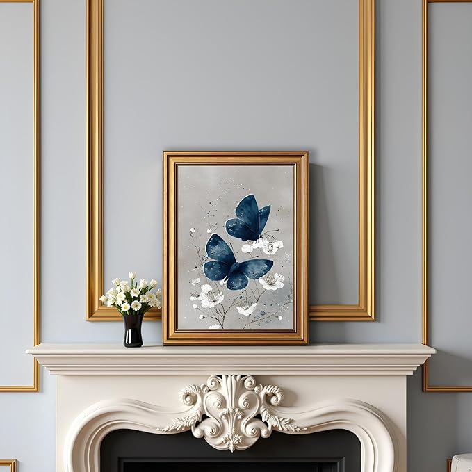 okudolit Gold Framed Navy Blue Butterfly Canvas Wall Art Print White Flower Botanical Painting Neutral Insect Gray Modern Moth Artwork Wall Decor for Living Room Bedroom Bathroom 12x16in