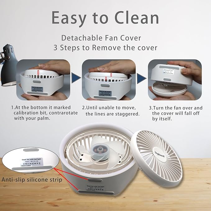 Small Desk Fan, Ultra Quite USB Fan Portable 3000mAh Rechargeable Battery Operate, High Power 3 Speed 5.3in With Ambient Light/Hook 180°Rotated Easy Clean (White)