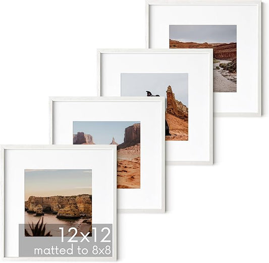 HAUS AND HUES White Oak Wood 12x12 Picture Frames - Set of 4, Square Frames with Mat, Elegant White Frames for Posters and Photos (12x12 in, White, Set of 4)