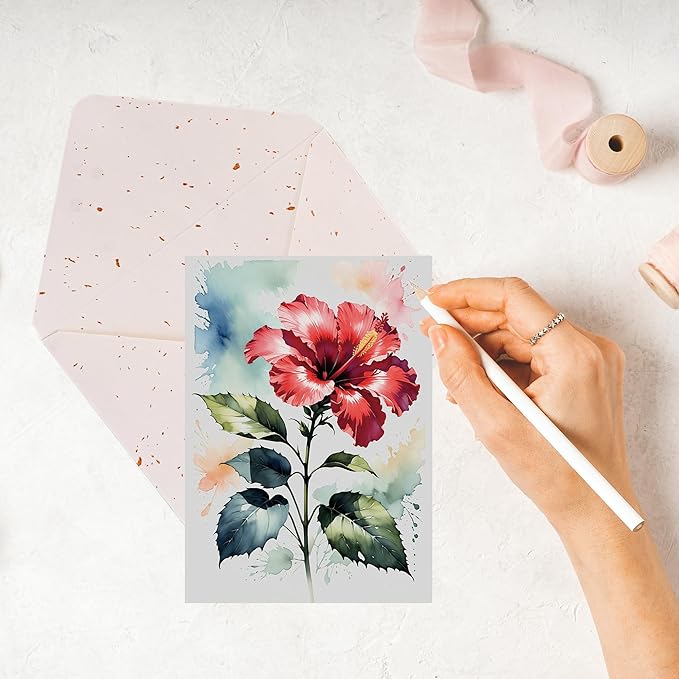 Elegant Blank Inside Greeting Card with Envelope, 5x7 Inch Watercolor Hibiscus Card – All Occasion, Birthday, Sympathy, Thank You - Single Card