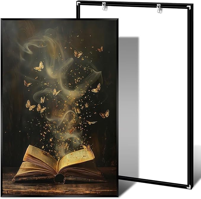 Whimsical Enchanted Open Book Wall Art Vintage Golden Butterflies Aesthetic Poster Print Funny Mystical Smoke Canvas Picture Decor for Office Bedroom Living Room Apartment 24x36inch Metal Black Framed