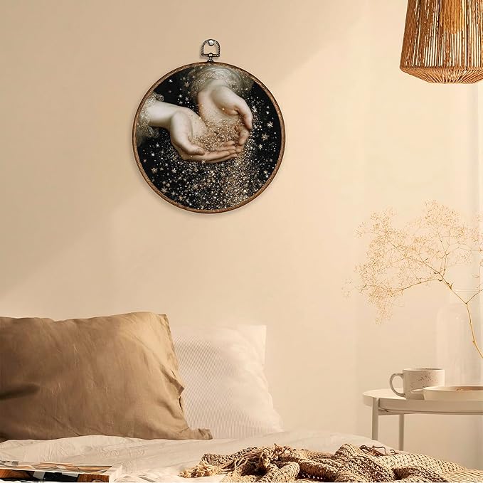 365CUSGIFTS Stardust In Hands Circle Wall Art Decor, Botanical Canvas Prints, Farmhouse Flower Round Wall Hanging, Boho Wall Art for Living Room Bedroom Kitchen, 10x10 Inch