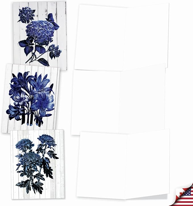 The Best Card Company - 10 Blank Note Cards with Envelopes (4 x 5.12 Inch) - Bulk All Occasion Cards Boxed - Driftwood Indigo Flowers AM6825OCB-B1x10