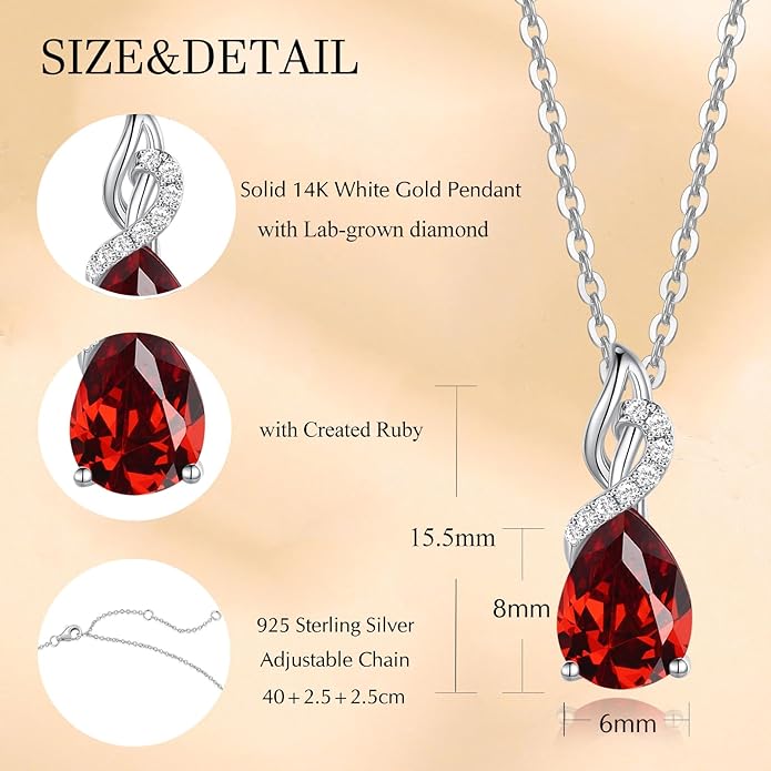FANCIME 14K Solid White Gold Teardrop Pendant with Diamond Birthstone Necklace