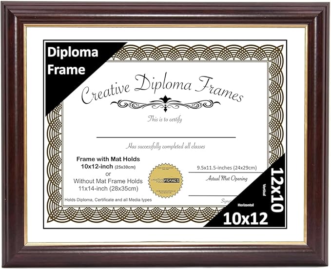 Creative Picture Frames 10x12 Mahogany Gold Rim Diploma Frame with White Mat Glass Easel and Installed Wall Hangers | Frame Holds 11x14 Media without Mat
