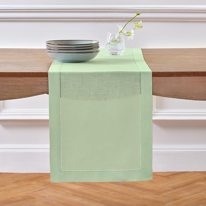 Solino Home Linen Light Green Hemstitch Table Runner 48 Inches - 100% Pure Linen Small Table Runner 14 x 48 Inch for Dresser and Coffee Tables, Spring, St Patricks Day, Easter - Classic Hemstitch