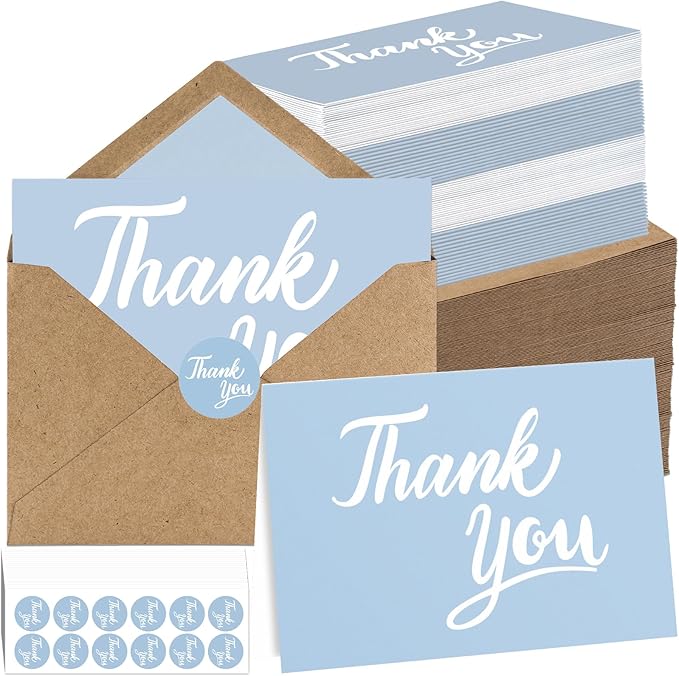600 Pcs Light Blue Thank You Cards Bulk with Kraft Envelopes and Stickers 4x6 Inch Blank Thank You Notes Box Set Minimalistic Design for Business Wedding Baby Shower Graduation Bridal Shower Birthday