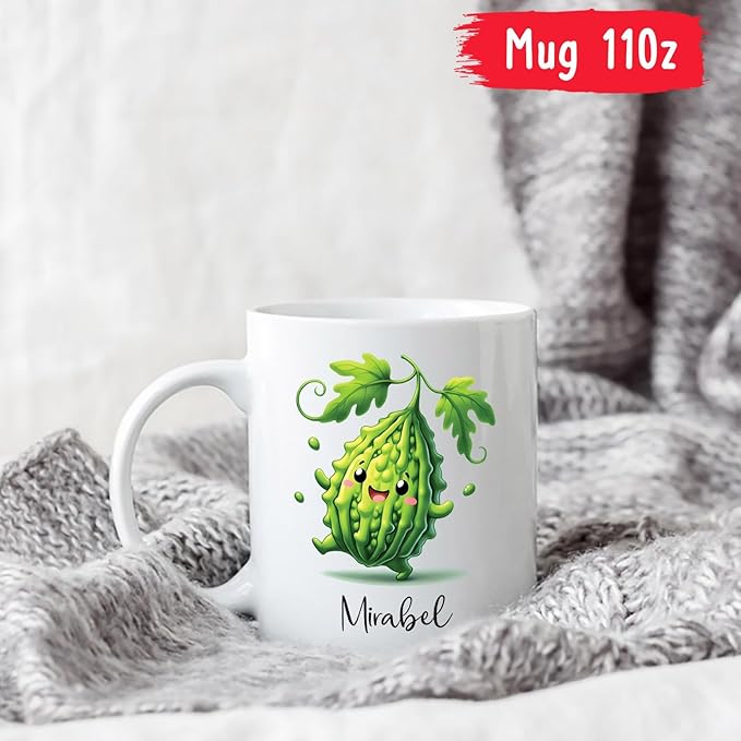 Personalized Cute Bitter Gourd Vegetable Coffee Cup 11oz 15oz, Funny Bitter Gourd White Ceramic Mug Gifts For Men Women, Custom Name Bitter Gourd Lover Coffee Mug, Bitter Gourd Fans Travel Cups