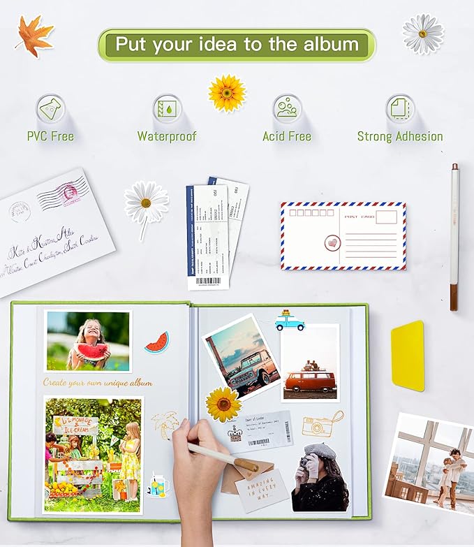 popotop Photo Album Self Adhesive with Picture Display Window,60 Pages DIY Scrapbooking Supplies Kit for 4x6 8x10 Picture,Linen Cover Memory Book for Baby Wedding, with Scraper and Metallic Pen