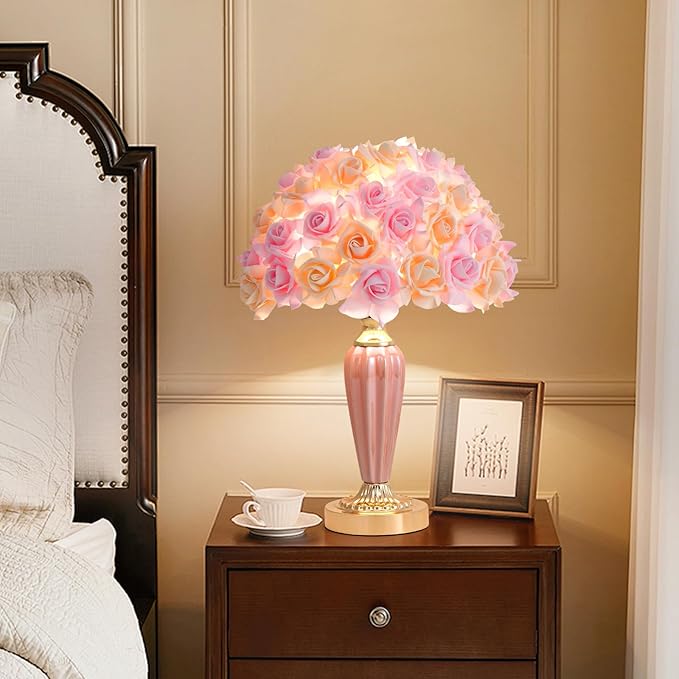Pink Flowers Lamp Beautiful Yellow Flower Bedside Lamp Nordic Nightstand Light Romantic Rose Bouquet Table Lamp for Wedding Girl Bedroom Valentines Dating Living Room Office Christmas
