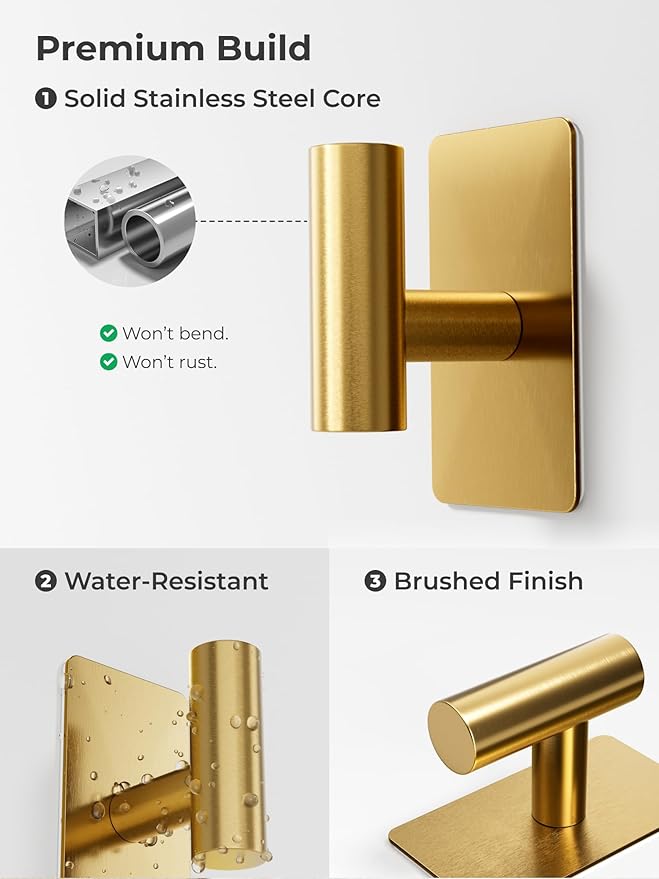 Towel Hooks for Bathrooms – 4 Pack, Brushed Gold Finish, T-Shaped Stainless Steel Adhesive Wall Hooks for Robes & Towels in Kitchen, Shower, or Closet