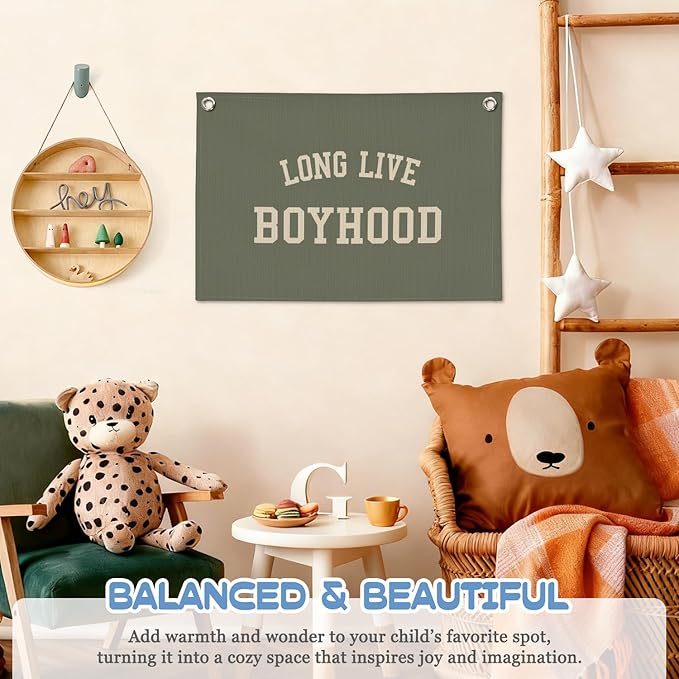 Long Live Boyhood Boys Room Decor - Wall Art Hanging Decor for Toddler Boy Room Nursery Playroom - Baby Kids Teen Bedroom Decor Sage Green,30X20 Inch