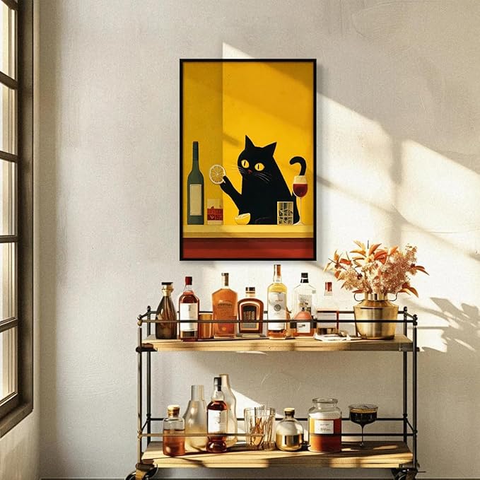 Black Cat Bartender Canvas Wall Art, Cute Cat Portrait Cocktail Poster, Trendy Bar Cart Wall Decor, Whimsical Animal and Alcohol Oil Painting, Home Bar Man Cave Art Print 16x24in Framed
