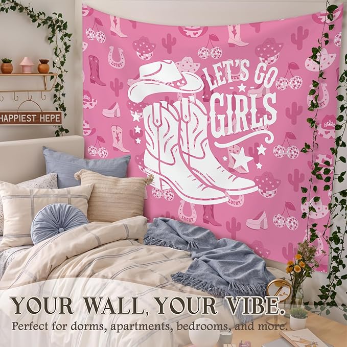 STHTTSW Pink Cowgirl Tapestry, Pink Coastal Let' s Go Girls Tapestries Wall Blanket, Preppy Girly Wall Hanging Decor for Teen Girl Women College Dorm Apartment Bedroom, 50x60 Inch