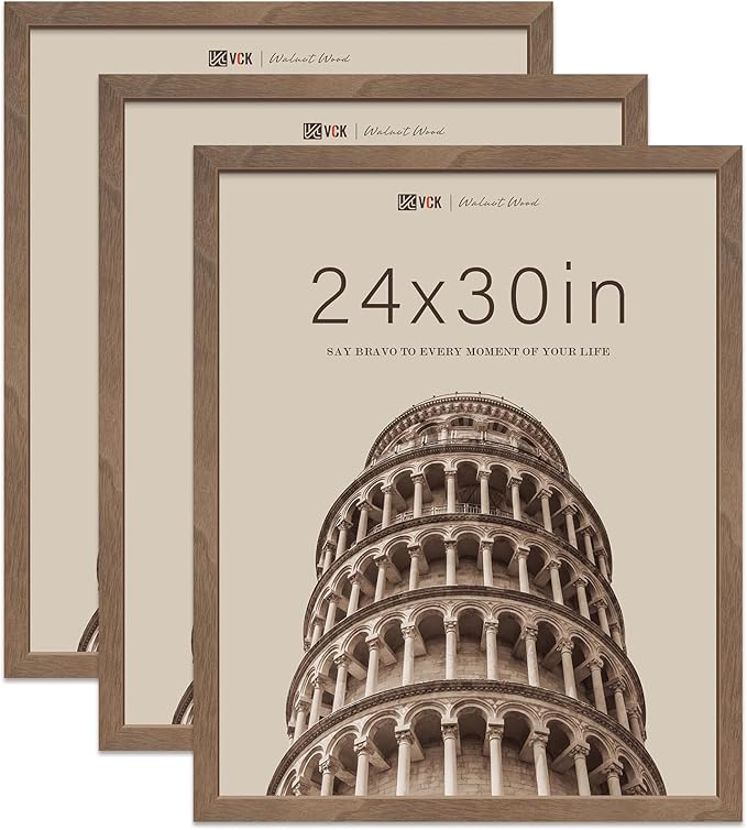 VCK 24x30 Poster Frame 3 Pack - Brown Walnut, Exclusive Natural Wood Grain Solid Wood Picture Frame, Wall Hanging