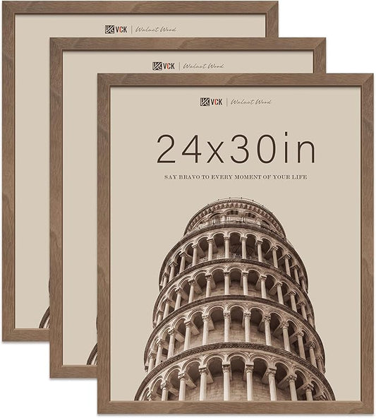 VCK 24x30 Poster Frame 3 Pack - Brown Walnut, Exclusive Natural Wood Grain Solid Wood Picture Frame, Wall Hanging