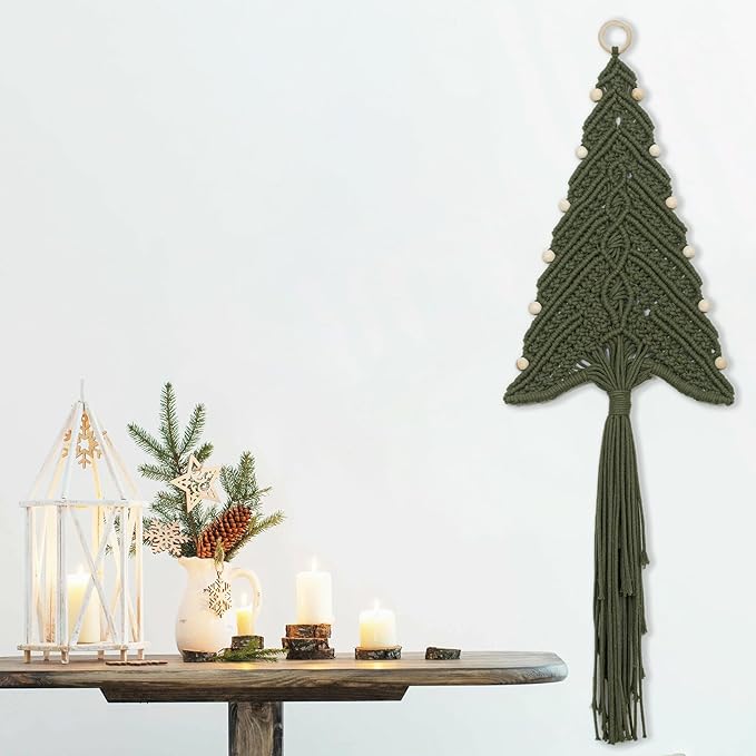 LB Macrame Christmas Tree Wall Hanging, Green Christmas Tree Wall Art Handmade Woven with Wood Beads Xmas Holiday Tapestry Funny Xmas Ornament for Bedroom Living Room Rustic Xmas Decor,10X31 Inch