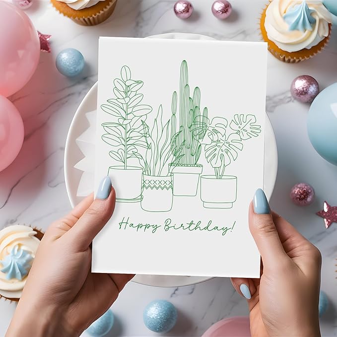 Minimalist Plant Birthday Card Happy Birthday Greeting With Houseplants Botanical Line Art Card For Plant Lovers - Size 6.3"x4.7" Blank Inside with Kraft Envelope