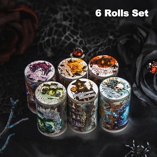 Gothic Holographic PET Tape Set, 6 Rolls of Dark Fantasy Pre-Cut Stickers for Scrapbooking, Junk Journaling, DIY Crafts, and Art Supplies