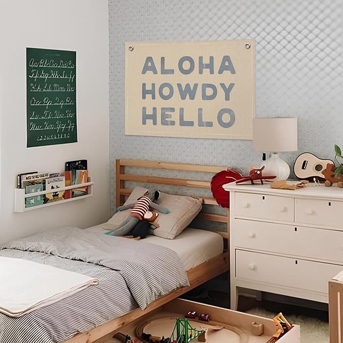 Blue Coastal Decor, Aloha Howdy Hello Banner, Vintage Coastal Cowgirl Decor Aesthetic, Coastal Granddaughter Room Decor, Linen Banner Wall Hanging Banner Flag