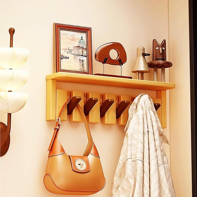 Wall Mounted Coat RackHooks Piano Key Hangers Natural Solid Wood Hanger Non-Woven Fabric Clothes Hangers for Closet, Kitchen, Bedroom, Bathroom, Entryway (Tray Walnut-Beech, 6 Hooks)