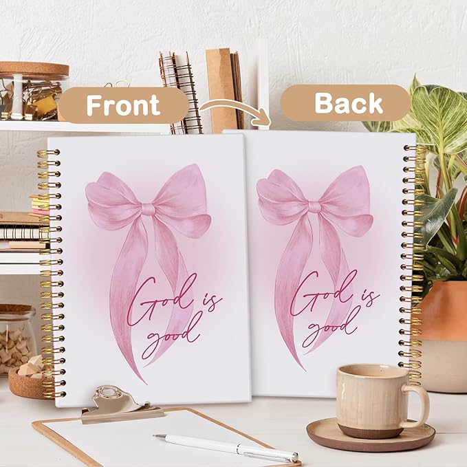 MOFUYU Prayer Journal for Woman,Bible Study Notebook,Coquette Pink Bow Notebook for Bible Notes,God is Good,Cute Notebooks for Women,Pink School Supplies Hardcover Spiral Notebook 5.5x8.3 Inch