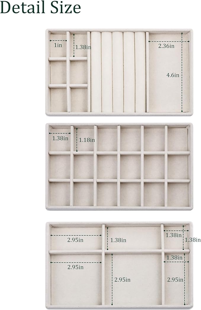 Stackable Jewelry Organizer Trays with Removable Dividers, 4-Tray Beige Jewelry Drawer Organizer Set for Earrings, Necklaces, Rings & Bracelets Gift for Her