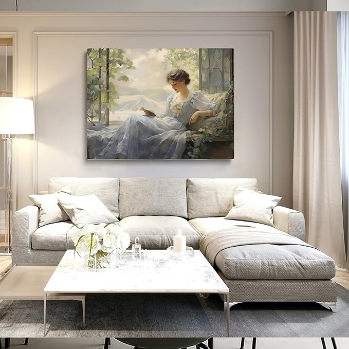 Antique Lady Reading Painting, Woman Reading Print, Woman In A Blue Dress,Antique Woman Portrait, Victorian Woman Wall Art, Girls Living Room, Bedroom, Apartment, Home Decor16x24 Framed