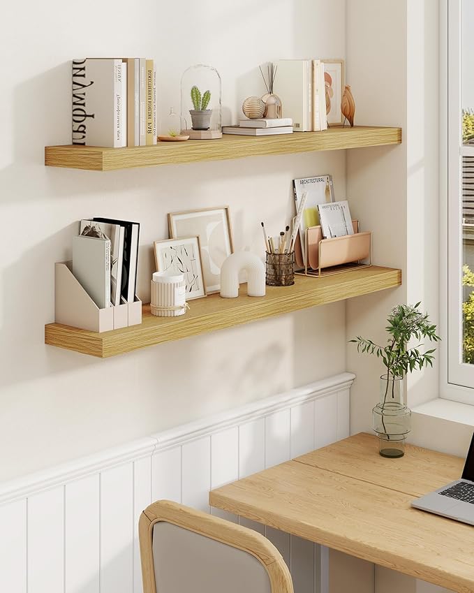 Marsmiles 6.7" Floating Shelves for Wall, Wooden Shelves with Invisible Brackets Set of 2, Rustic Farmhouse Wall Mounted Shelf for Kitchen Bathroom Living Room Study, Natural Oak