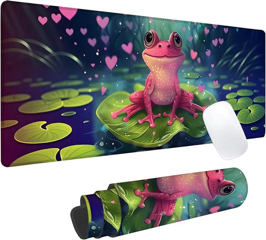 Adorable Pink Frog Gaming Mouse Pad, Office Desk Mat, Anti-Slip Rubber Base Cool Aesthetic Mouse Pads for Computer Laptop Keyboard School Home Desktop Gamer Home Accessories Decor 31.5" x 11.8"