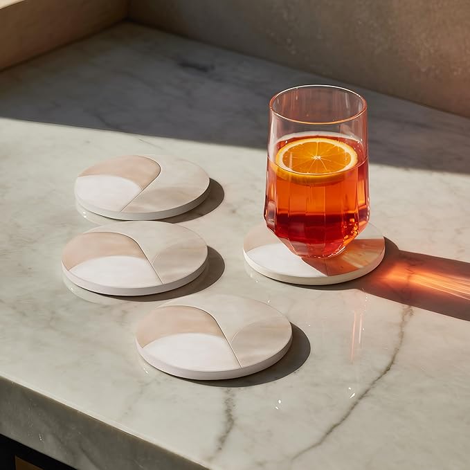 VEYRO Ceramic Coasters Set of 4 – Absorbent Stone Drink Coasters with Holder, Non-Slip Cork Backing, Modern Marble Look Coasters for Coffee Table, Desk & Home Decor