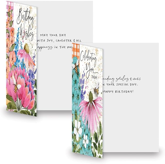 Current Floral Bees Birthday Cards - Set of 8 (4 designs, 2 each), 5 x 7 Inches, Sentiments Inside, Envelopes Included, Assortment Set
