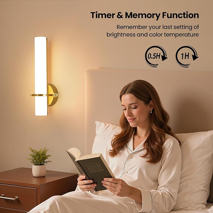 Battery Operated Wall Sconces, 15 Inch Gold Wireless Wall Sconces Set of Two, 10000mAh Rechargeable Sconces with Remote Control, 3000K-6000K Modern LED Dimmable Wall Lights for Bedroom Living Room