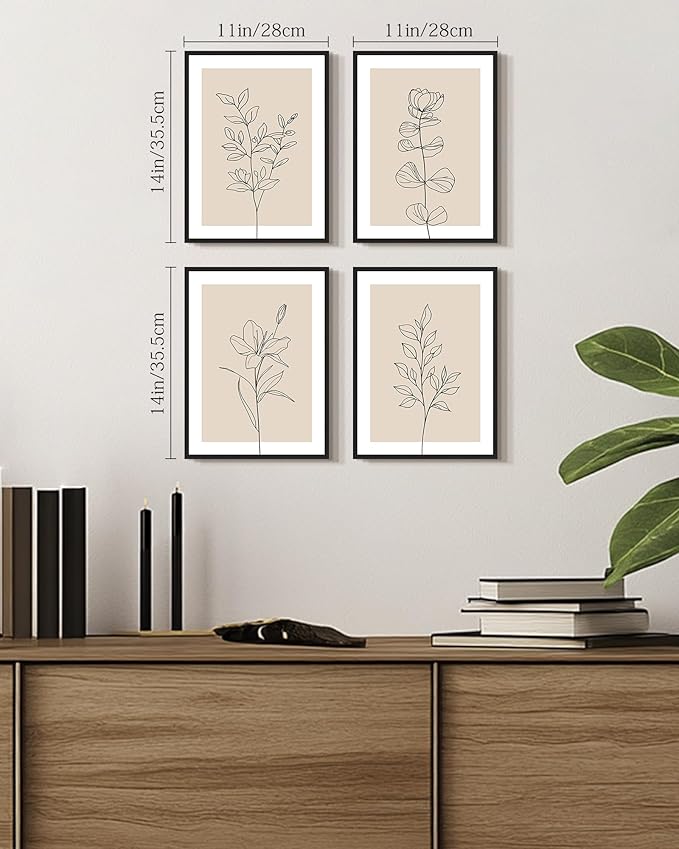 Drsoum Botanical Boho Framed Wall Art Wooded Minimalist Aesthetic Flower Prints Farmhouse Retro Plants Rustic Bathroom Kitchen Home Decor Ready to Hang 11x14inx4pcs (Black Framed)