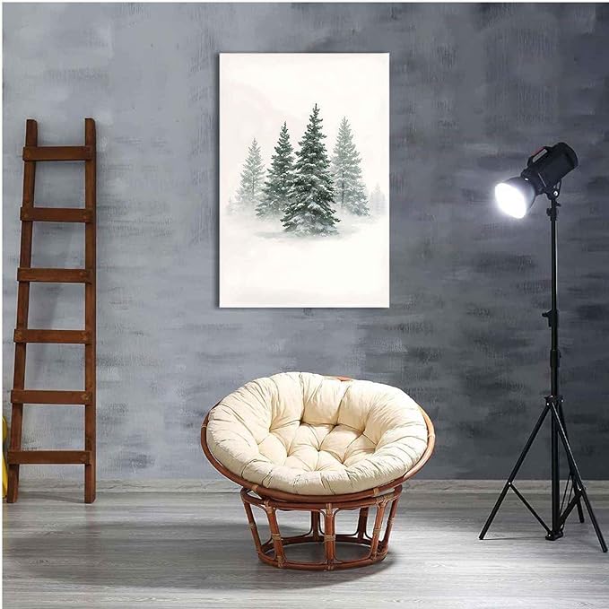 Framed Canvas Wall Art Snowy Evergreen Trees Print Winter Forest Wall Art Christmas Watercolour Painting Winter landscape Snowy Pine tree poster 16x24in Wood Framed