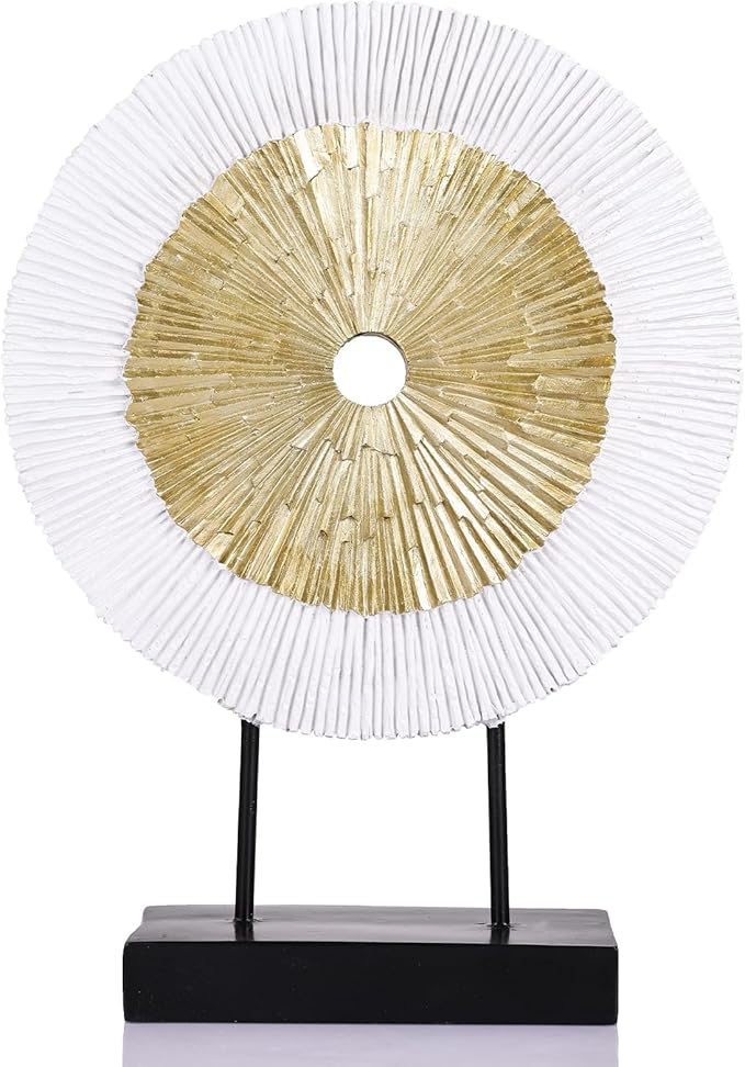 oliruim 12" Tall Abstract White Gold Round Sculpture - Unique Home Decoration for Above Cupboard Decor, Living Room Coffee Table, Console, Office, Entrance, Table Centerpieces (White Gold)